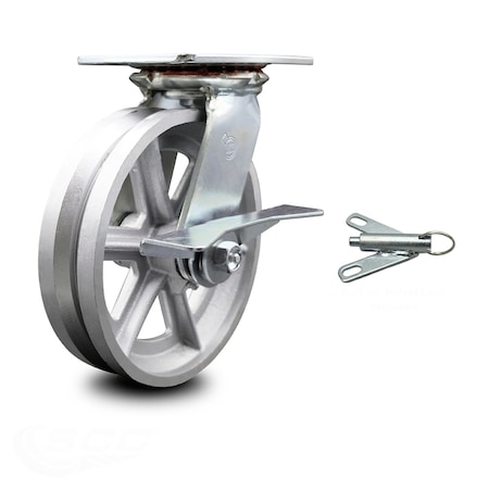 Service Caster 8 Inch V Groove Semi Steel Caster with Roller Bearing and Brake/Swivel Lock SCC SCC-35S820-VGR-SLB-BSL